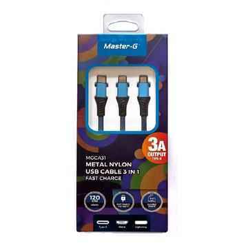 Cable Usb Master G 3 En 1 Micro Tipo C y Para IPhone Master G